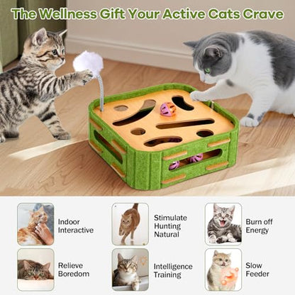 Cat Puzzle Box Toy for Indoor Cats Boredom Relief Interactive Wooden Cat Enrichment Maze with Jingle Balls, Feather Wands & Spiral Springs, Slow Feeder Treat Dispenser for Kittens & Adult Cats - size: Medium