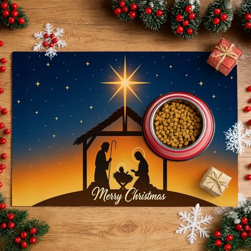 HOMETITUTE Christmas Nativity Scene Pet Food Mats Jesus Birth Design Non-Slip Pet Feeding Mat Easy Clean Fast Dry Mat for Dog Food and Water Bowls 20" x 12"Christmas Absorbent Pets Bowl Mat - color: black