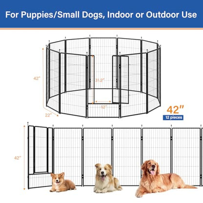 Dog Playpen 42 inch 12 Panels for Indoor & Outdoor Use – Heavy-Duty Metal Pet Fence with Ground Stakes, Rounded Ball Tops for Safety, Stable & Foldable Design, Easy to Assemble - size: 42inch, style: 12 Panels