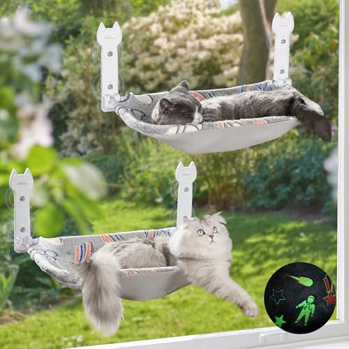 HiPetpy 2 Pack Cat Window Perch, Glow in The Dark Foldable Cat Hammock with Sunken Design & Removable Soft Cover, Breathable Cordless Window Bed for Resting Indoor Kitten (Shallow Perch, 2 Pack - L) - size: 2 Pack - L
