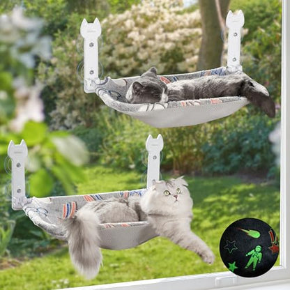 HiPetpy 2 Pack Cat Window Perch, Glow in The Dark Foldable Cat Hammock with Sunken Design & Removable Soft Cover, Breathable Cordless Window Bed for Resting Indoor Kitten (Shallow Perch, 2 Pack - L) - size: 2 Pack - L