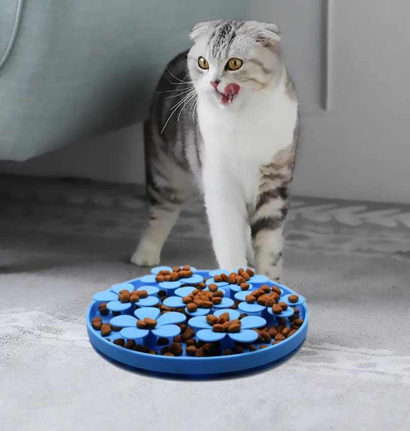 Slow Feeder,Cat Help Slow Down Eating Speed Cut Flower Silicone Rubber Cute Slow Feeder for Puppy/Cat/Dog (Blue) - color: Blue