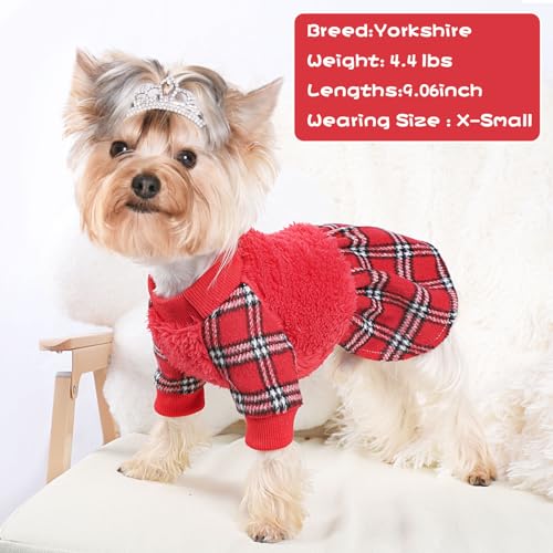Dog Sweater Dresses for Small Dogs Girl Boy, Plaid Dog Clothes Outfit, Winter Warm Fleece Princess Plaid Dresses, Pet Festival Outfits Apparel Clothing, Small, Red, S - color: Red, size: Small (Chest 15in )