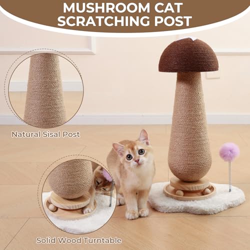 Mushroom Cat Scratching Post with Interactive Ball Track Spring Ball Cat Toys, 21.2" Cat Jute Scratcher Tree for Indoor Cats, Brown - color: Brown