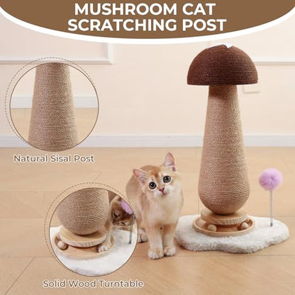 Mushroom Cat Scratching Post with Interactive Ball Track Spring Ball Cat Toys, 21.2" Cat Jute Scratcher Tree for Indoor Cats, Brown - color: Brown