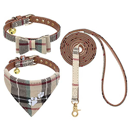 EXPAWLORER Dog Collar and Leash Set - Plaid Dog Collar with Pawprints and Bow Tie, Cat-Friendly, Beige S-M - color: Beige, size: S-M
