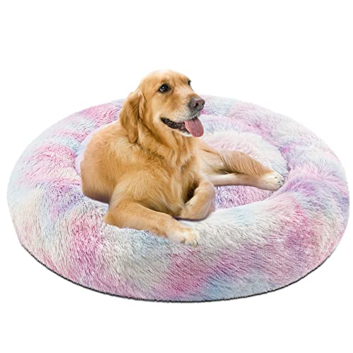 Friends Forever Donut Dog Bed Faux Fur Fluffy Calming Sofa For Large Dogs, Soft & Plush Anti Anxiety Pet Couch For Dogs, Machine Washable Coco Pet Bed with Non-Slip Bottom, 36"x36"x8" Rainbow - color: Rainbow, size: Large (36"x36"x8"), style: Donut