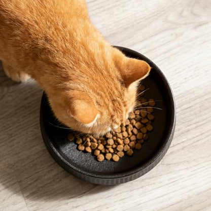 8 Inch Wide Ceramic Cat Bowl, Whisker Fatigue Relief Shallow Cat Food Bowl, Heavy Weight Non-Tip Pet Feeding Bowl, Matte Black Hammered Texture Cat Water Bowl for Cats & Small Dogs
