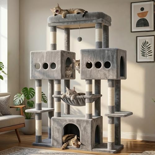Hey-brother Cat Tree Tower, Large Sisal Scratching Posts with Big Platform, 3 Spacious Condos, Plush Hammock, Toy, 57.5 Inches Multi-Level Furniture for Indoor Adults Maine Coon, Light Gray MPJ083W - color: Light Gray