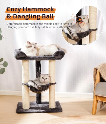 Happi N Pets 28" Cat Tree, Large Bed for Big Cats, Small Cat Tower with Soft Perch for Window Viewing, Stable Cat Tree Tower, Cat Scratching Post with Hammock, Removable Cover-Gray - color: Gray