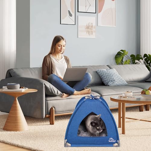 Winsterch Cat Bed Cave for Indoor Cats,Small Pet Tent Cave for Cats Kitten Small Dogs,Warming Cat House with Removable Washable Cushion (18.5'' x 18.5'' x 15.8'',Blue) - color: W-Blue