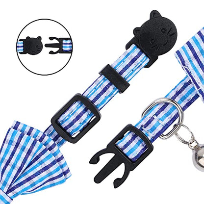Faleela 2 Pack/Set Cat Collar with Cute Bow Tie and Bell,Breakaway Plaid Shirt Collar for Kitty Adjustable Safety - color: 2023new-Blue Plain
