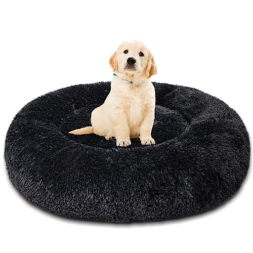 Calming Dog Bed for Medium Dogs, Fluffy Soft Cozy Cat Bed, Faux Fur Anti-Anxiety Plush Washable Pet Donut Cuddler for All Seasons 24IN, Black - color: Black, size: M:24x24INCH