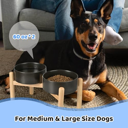 SPUNKYJUNKY Ceramics Elevated Dog Bowls with Wooden Stand Raised Dog Bowl for Medium Large Dog Food and Water Pet Feeding Bowl(Double 60OZ Bowls,Black) - color: Black(Double Bowls Set), size: Large - 7.6 CUPS