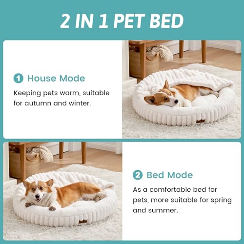 Small Dog Bed with Hooded Blanket, Round Fluffy Anti-Anxiety Pet Bed for Small Dogs & Medium Dogs, Cozy Donut Cuddler with Machine Washable Faux Fur & Anti-Slip Bottom(26"×26"×7",Cream) - color: Cream, size: 26"×26"×7"