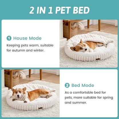Small Dog Bed with Hooded Blanket, Round Fluffy Anti-Anxiety Pet Bed for Small Dogs & Medium Dogs, Cozy Donut Cuddler with Machine Washable Faux Fur & Anti-Slip Bottom(26"×26"×7",Cream) - color: Cream, size: 26"×26"×7"