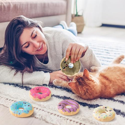 Donut Catnip Stuffed Toys for Cats - 5Pcs Pet Days Funny Dessert Organic Cat Toys Pet Supplies, Indoor Cats Chew Bite Teething Tools Kittens Catmint Birthday Present Interactive Supplies - style: Cute Donut