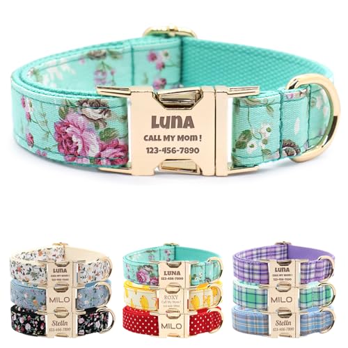 Custom Dog Collar with Name and Phone Numbers - Personalized Laser-Engraved Plaid Polyester Collar with Metal Buckle and D-Ring (Style-S, S (9-13 Inches)) - color: Style-S, size: S (9-13 Inches)