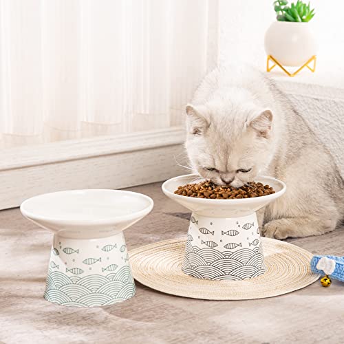 6.25 Inch Extra Wide Ceramic Raised Cat Bowls, Elevated Cat Bowls for Food & Water, Wide Shallow Cat Food Dish, Whisker Fatigue, Stress Free, Protect Spine, Black & Green Fish - color: Black & Green Fish