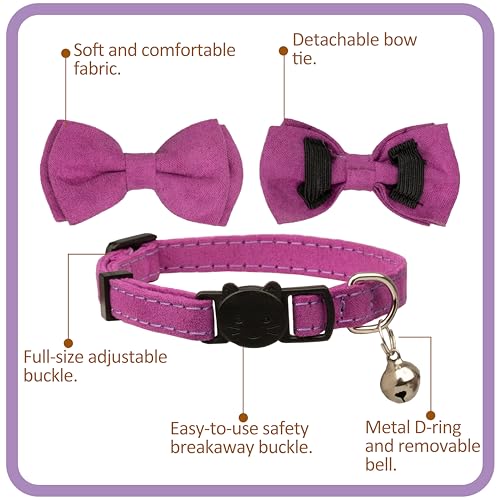 Cat Collar with Bow Tie 2pcs Set Bell Boy Girl Kitten Safety Plaid Grid Checkered Solid Color Suede Velvet Cute Soft Gift [2pcs] Purple - color: Style A-[2pcs] Purple