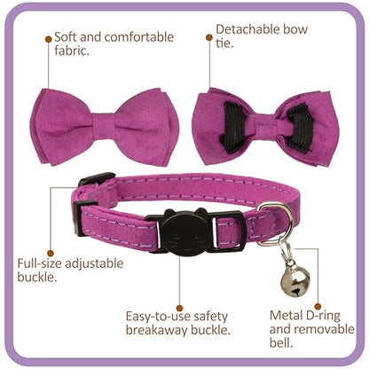Cat Collar with Bow Tie 2pcs Set Bell Boy Girl Kitten Safety Plaid Grid Checkered Solid Color Suede Velvet Cute Soft Gift [2pcs] Purple - color: Style A-[2pcs] Purple