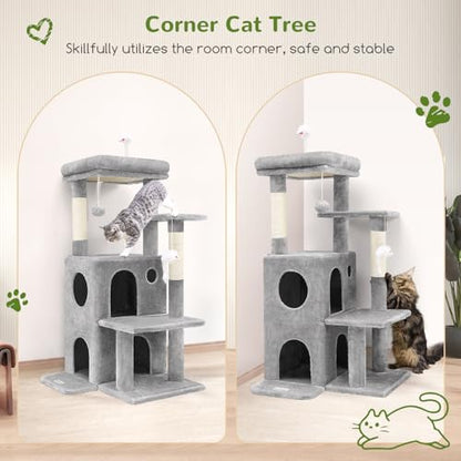 Globlazer Cat Tree Tower for Indoor Cats, 50-inch Adult Cat Tree House for Large Adult Cats with Steps, Scratching Post, 2 Cat Caves, Dangling Toys, FC50, Light Grey - color: Light Grey