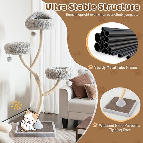 Tangkula Tall Cat Tree, 70 Inch Multi-Level Large Cat Tower with 3 Warm Perches, 3 Jingling Balls, Sisal Scratching Posts & Board, Modern Cat Tree for Indoor Cats Large Adult - color: Grey