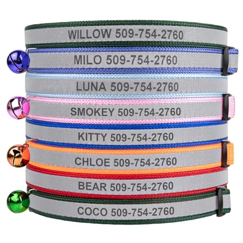 GoTags Personalized Reflective Cat Collars, Engraved Custom Cat Collar with Name and Phone ID, Breakaway Collar with Safety Release Buckle and Bell, Adjustable for Cats and Kitten (Hunter Green) - color: Hunter Green