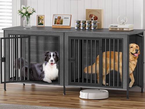 EasyCom Dog Crate Furniture for 1 or 2 Dogs, Heavy Duty Single/Double Dog Crates for Small/Medium/Large Dogs, Dog Kennel Furniture Indoor as TV Stand, Large Size 78.74" L(35-60 Pounds), Dark Grey - color: Dark Grey, size: 78.7"L x 27.6"W x 33.5"H