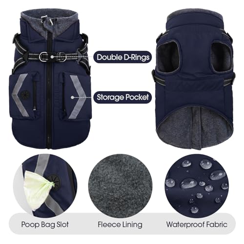 FUAMEY Dog Coat Zipper on Back, Fleece Lined Dogs Jacket for Winter with Harness Built-in, Insulated Clothes Large Doggy Cold Weather Outfits with Pop Bag Pockets, Jack Russell (Dark Blue, L) - color: Navy, size: Large