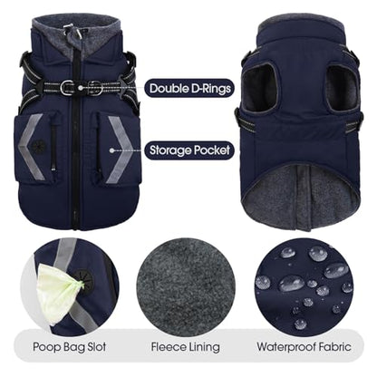 FUAMEY Fleece Lined Dog Coat, Warm Dogs Jacket with Harness, Pop Bag Pockets, Extra Large Doggy Thermal Vest Back Zipper Winter Suit, Snow Cold Weather Outfits, Cocker Spaniel (Dark Blue, 2XL) - color: Navy, size: XX-Large