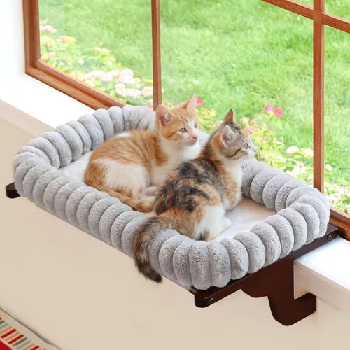 Zakkart SnugCloud Cat Window Perch with 4-Sided Bolster - Large Cat Hammock for Window Sill - Solid Hardwood & Metal Frame - Window Seat for Pets (Dark Stained Wood w/Gray Bed, Large) - color: Dark Stained Wood w/ Gray Bed, size: Large (25"x15")