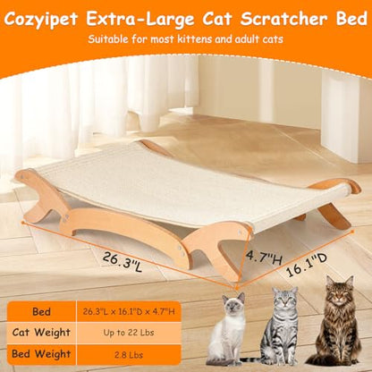 Elevated Cat Bed with Sisal Hammock for Cats, Large Sisal Scratcher Bed for Indoor Cats, Solid Beech Wood Frame up to 22Lbs (26.3" Lx16.1 Dx4.7 H)
