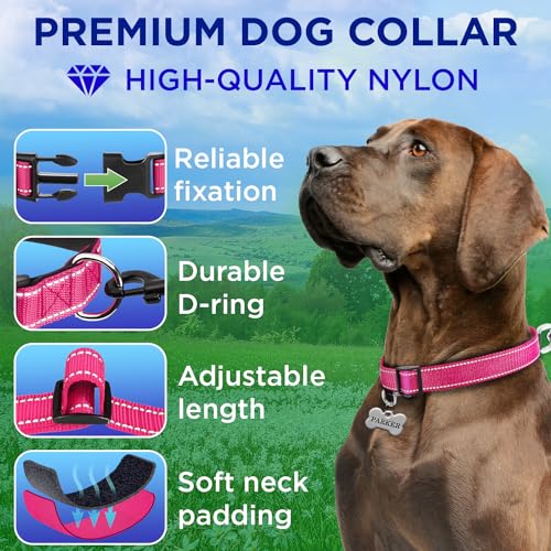 TECEUM Reflective Dog Collar – Hot Pink – S – Extra Soft Padding – Basic Nylon Pet Collar – Quick Release Buckle – Fits Small, Medium and Large Dogs, Puppies, Cats – ESA & Service Dog Options - color: Hot Pink, size: Small