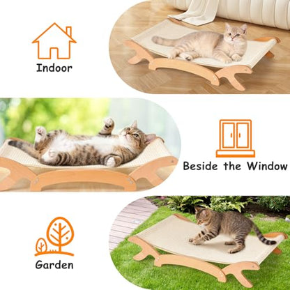 Elevated Cat Bed with Sisal Hammock for Cats, Large Sisal Scratcher Bed for Indoor Cats, Solid Beech Wood Frame up to 22Lbs (26.3" Lx16.1 Dx4.7 H)