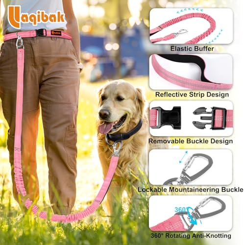 Laqibak Hands Free Dog Leash, Adjustable Waist Leash for Dog Walking, Dual Handle Bungee Dog 4.2-6.7 Feet Long with Reflective Stitches for Walking Hiking Running, Fits 26"- 43" Inch Waist, Pink - color: Pink