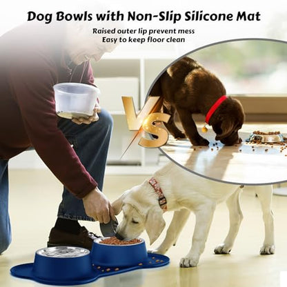 Dog Food Bowls Stainless Steel Dog Food & Water Bowl Set with No Spill No Slip Silicone Mat, Dog Dishes for Small Medium Size Dogs Pet Cat Puppy Food Feeding Bowls, Blue, 24oz, 3 Cup - color: BLUE, size: 3 Cup/27 oz each