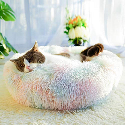 otoez Kitten Puppy Bed Extra Small XS Round Dog Cat Beds Anti Anxiety Plush Pet Calming Donut Bed with Non-Slip Waterproof Bottom, Washable (15.7", Rainbow) - color: Rainbow, size: 15.7"