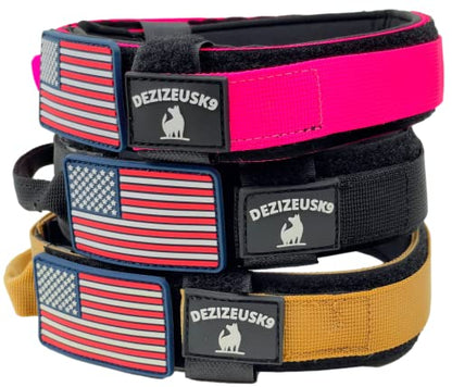 Tactical Dog Collar with Handle, American Flag Patch, 1.5 Inch Wide Thick Heavy Duty Nylon, Quick Release Metal Buckle, Customizable Name Plate, Ideal Dog Collars for Medium to Large Breeds K9 Harness - color: TAN 18-24 inch, size: adjustable 18-24 inches