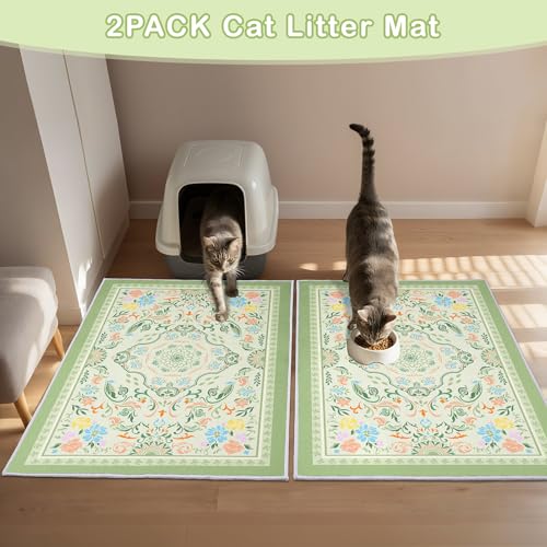 Washable Cat Litter Mat 48"x36" 2Pack with Non-Slip Bottom Waterproof Litter Box Mat Easy to Clean Litter Trapping Mat for Kitty - color: Bean Green Flower, size: 48"x36"-2 Pack