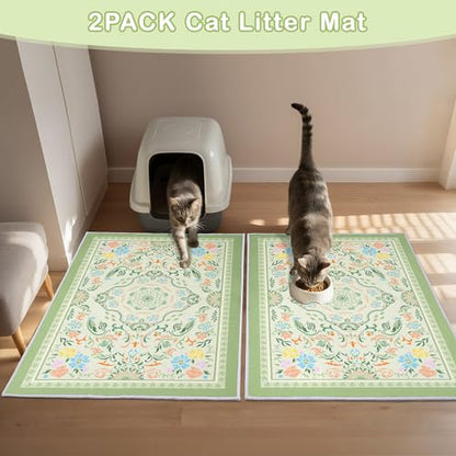 Washable Cat Litter Mat 48"x36" 2Pack with Non-Slip Bottom Waterproof Litter Box Mat Easy to Clean Litter Trapping Mat for Kitty - color: Bean Green Flower, size: 48"x36"-2 Pack