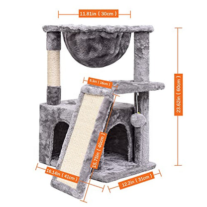 SYANDLVY Cat Tree for Indoor Cats Large Adult, Modern Activity Tower with Scratching Posts & Board, Condo with Plush Perch, Climbing Stand with Cradle & Hanging Ball for Play, Light Grey - color: Light Grey
