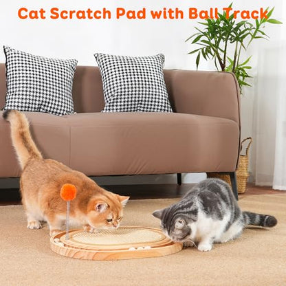 Cat Scratch Pad with Ball Track and Spring Toy, Wooden Cat Scratcher with Sisal Scratching Mat, Ball Track System and 3 Replacement Toy for Cats Scratching,Chasing and Playing (Nature Wood)