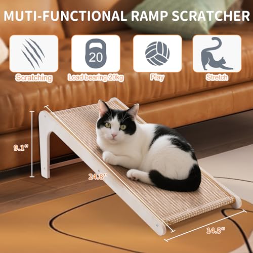 Sisal Cat Scratchers for Indoor Cats, 26.8'' L-Shape Cat Scratching Board, Solid Wooden Cats Scratch Pad with Mouse Toy, Large Cats Scratching Posts to Protect Furniture(Ramp Scratcher) - size: Ramp