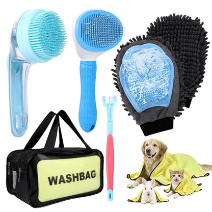Dog Bath Grooming Kit(6Pcs) - Dog Brush for Shedding, Shampoo Brush, Double-sided Washing Glove, Toothbrush, Towel for Drying Dogs Large, and Wash Bag, Dog Washing Kit （Blue）