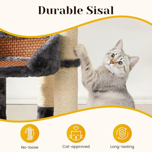 Fansafurn Multi-Level Cat Tree for Indoor Cats, Modern Cat Tower with Double Beds & Scratching Posts, 27 in Cute Cat Tree for Large Cats and Kitten, Small Cat Climbing Tower with Hanging Toys, Grey - color: Grey