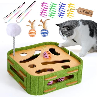Cat Puzzle Box Toy for Indoor Cats Boredom Relief Interactive Wooden Cat Enrichment Maze with Jingle Balls, Feather Wands & Spiral Springs, Slow Feeder Treat Dispenser for Kittens & Adult Cats - size: Medium