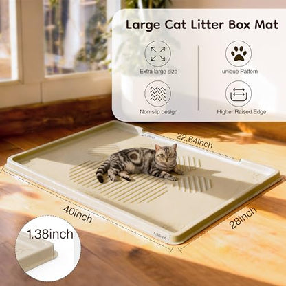 ISSEVE Cat Litter Mat 40" x 28" XL, Extra Large Silicone Mat for Litter Box, 1.38" Raised Edge Urine Waterproof Litter Trapping Mat Pad for Scatter Control, Soft on Kitty Paws, Protect Floor (Beige) - color: Beige