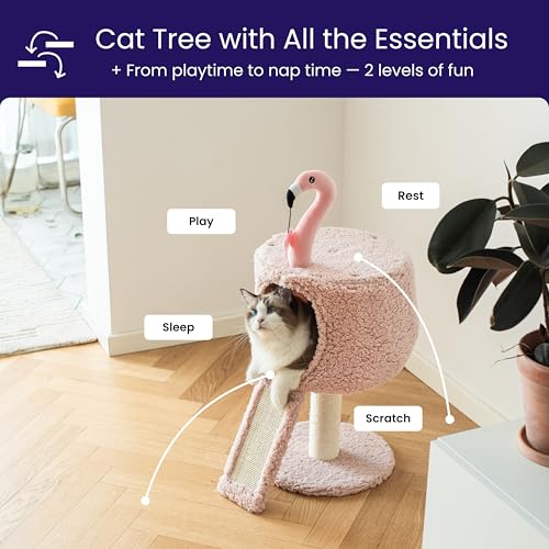 Catry Flamingo 2-Level 29" Cat Tree for Small Cats & Kittens with Replaceable Posts, Sisal Scratching Ramp, Pink Flamingo Designed Cute Condo with Toy, Pink - color: Pink