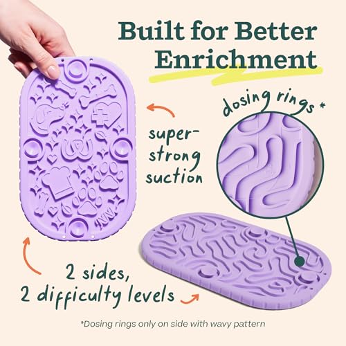 WOOF FlipMat Mini- Easy-to-Clean Lick Mat for Small Dogs & Travel - Slow Feeder Mat with Double-Sided-Non-Slip Design - BPA-Free Silicone - Lick Mat - Interactive Dog Toys - Lavender